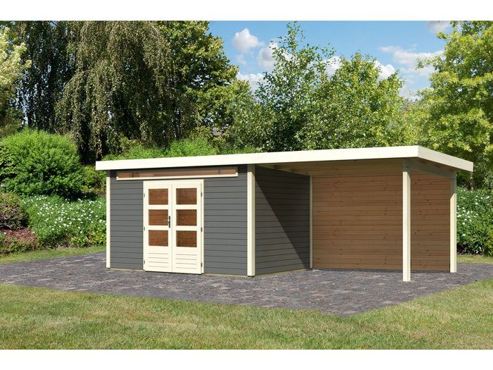 Karibu Gartenhaus Kandern 7 in terragrau mit Anbaudach 3,20 Meter inkl. Rückwand