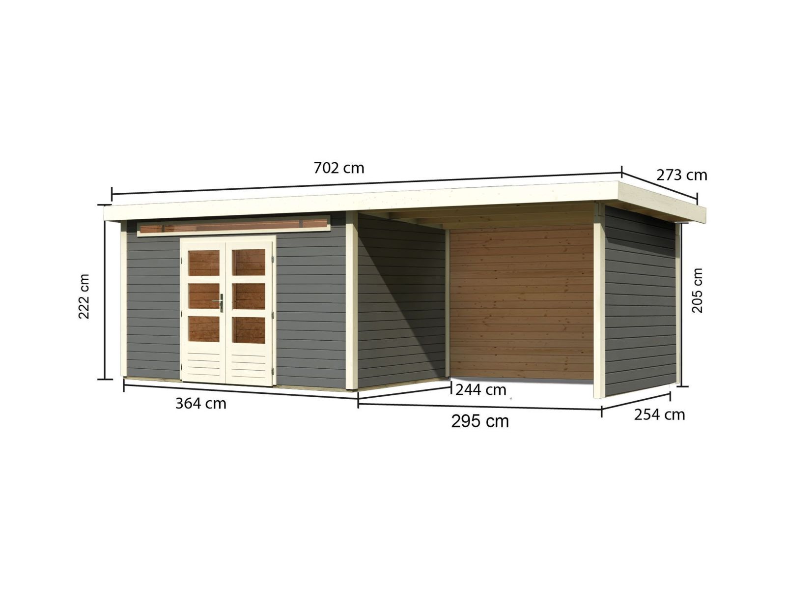 Karibu Gartenhaus Kandern 7 in terragrau mit Anbaudach 3,20 Meter inkl. Rück- und Seitenwand