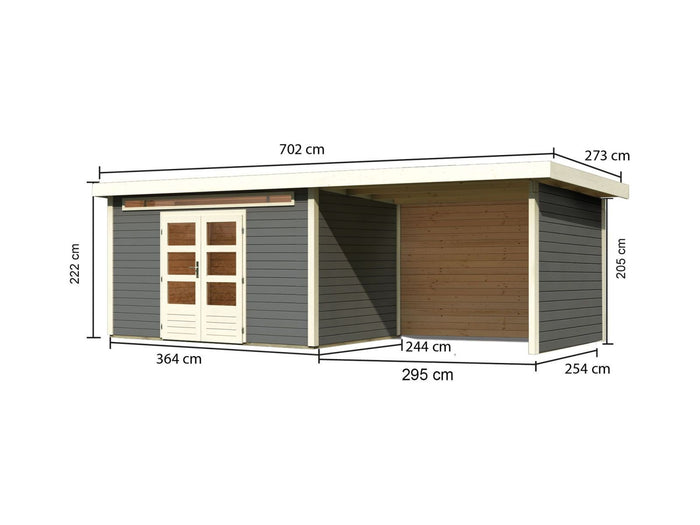 Karibu Gartenhaus Kandern 7 in terragrau mit Anbaudach 3,20 Meter inkl. Rück- und Seitenwand