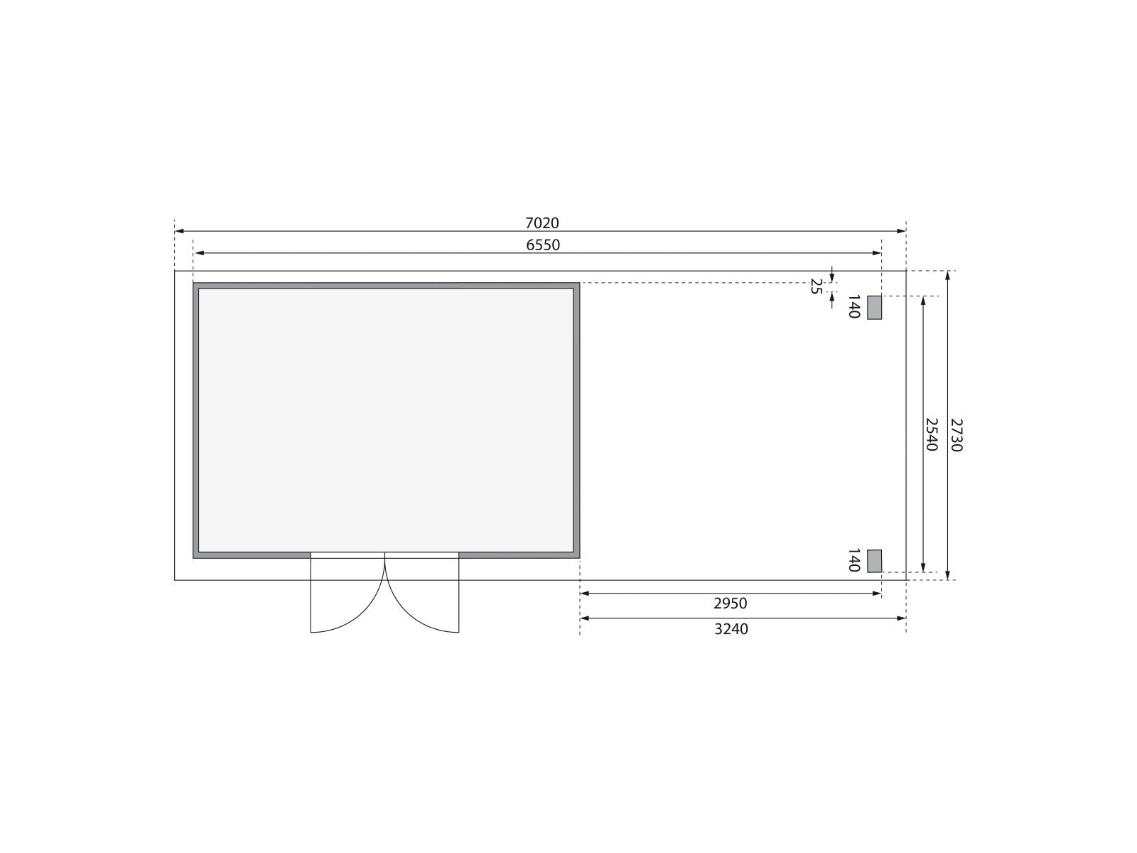 Karibu Gartenhaus Kandern 7 in terragrau mit Anbaudach 3,20 Meter inkl. Rück- und Seitenwand