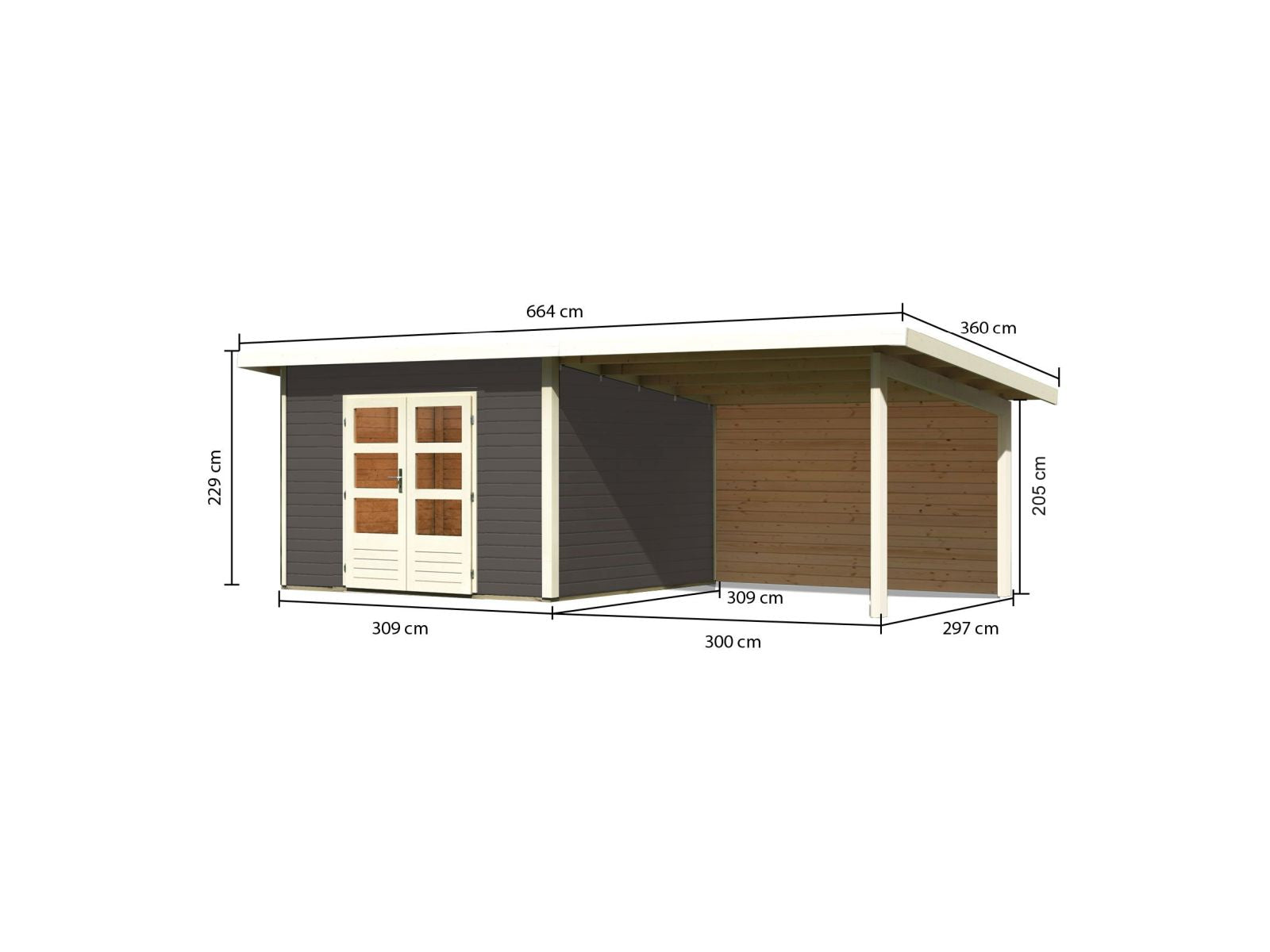 Karibu Gartenhaus Northeim 3 terragrau mit Anbaudach 3,0 Meter inkl. Rückwand