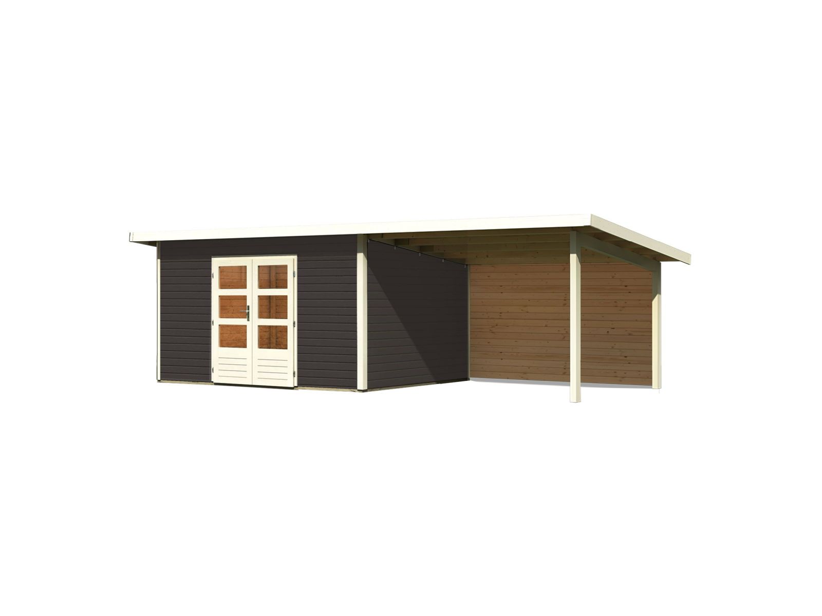 Karibu Gartenhaus Northeim 4 terragrau mit Anbaudach 3 m inkl. Rückwand