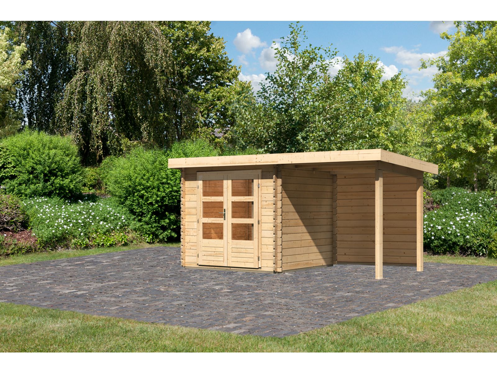 Karibu Gartenhaus Bastrup 2 mit Anbaudach 2 Meter inkl. Rückwand