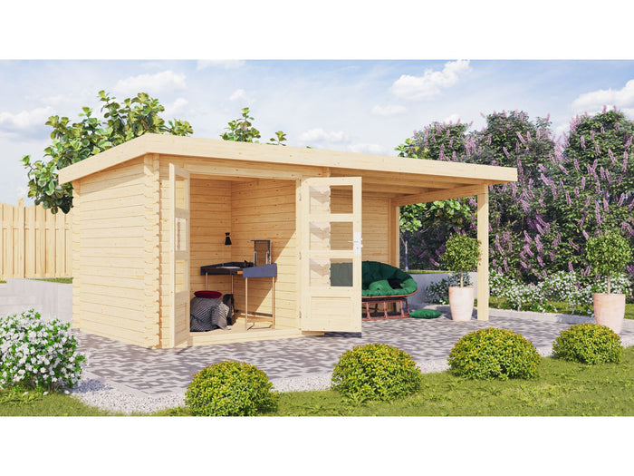 Karibu Gartenhaus Bastrup 2 mit Anbaudach 3 Meter inkl. Rückwand natur