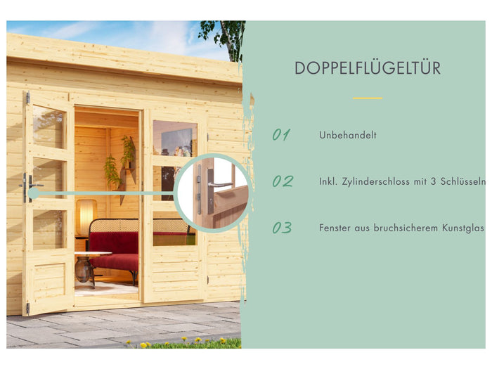 Karibu Gartenhaus Bastrup 2 mit Anbaudach 3 Meter inkl. Rückwand natur