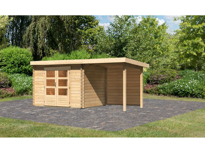 Karibu Gartenhaus Bastrup 3 mit Anbaudach 2 Meter inkl. Rückwand