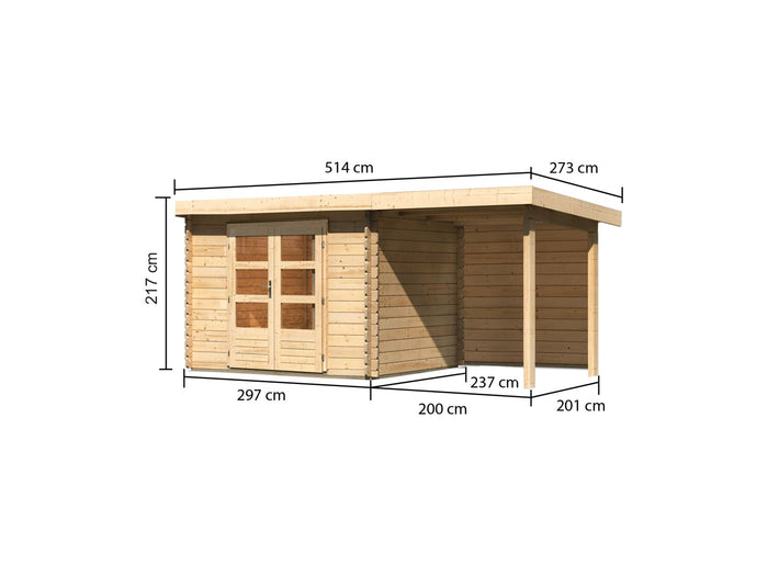Karibu Gartenhaus Bastrup 3 mit Anbaudach 2 Meter inkl. Rückwand