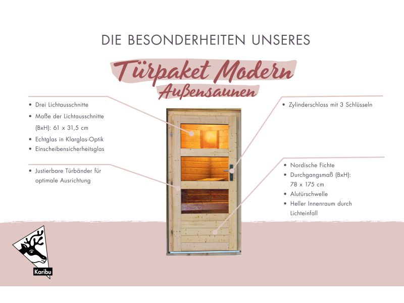 Karibu Türpaket Außensauna Modern, naturbelassen, 40 mm Saunahäuser