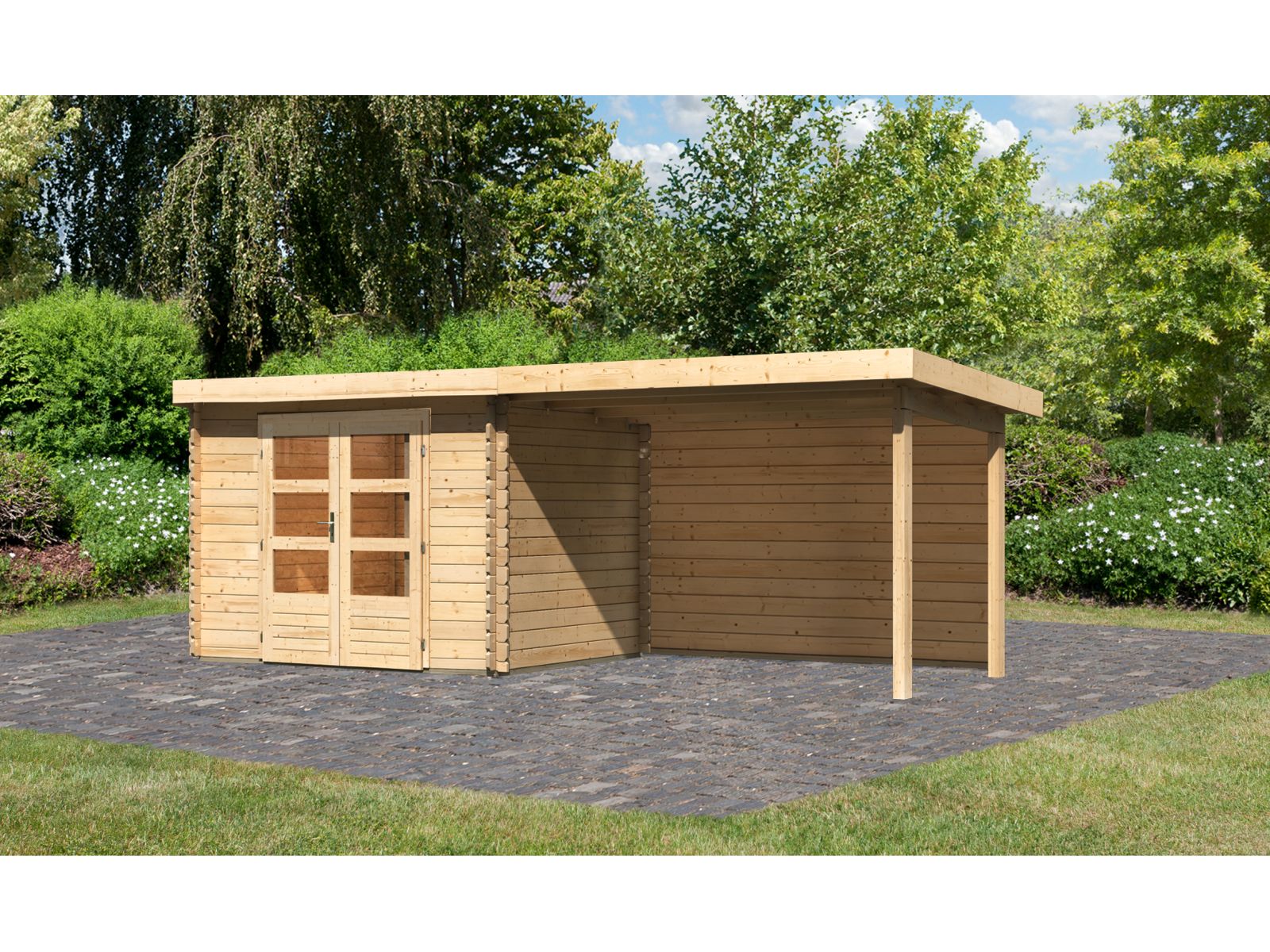 Karibu Gartenhaus Bastrup 3 mit Anbaudach 3 Meter inkl. Rückwand natur