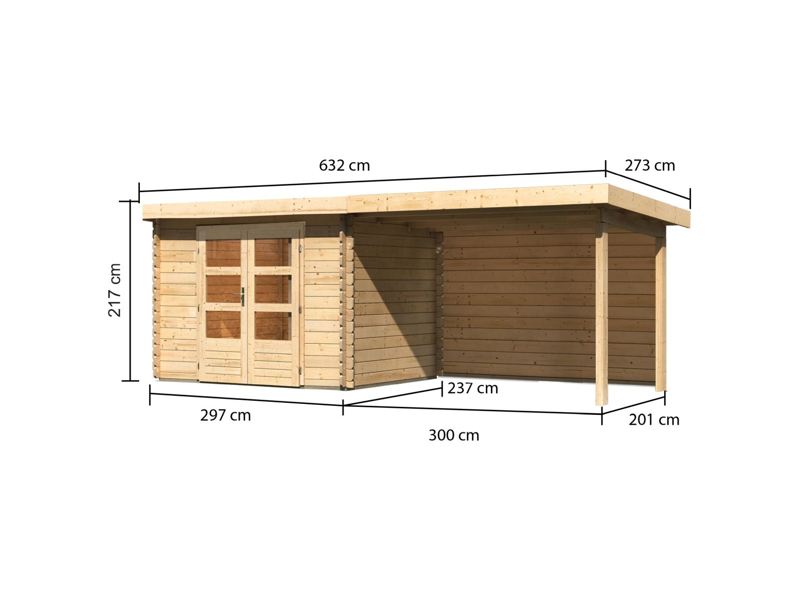 Karibu Gartenhaus Bastrup 3 mit Anbaudach 3 Meter inkl. Rückwand natur