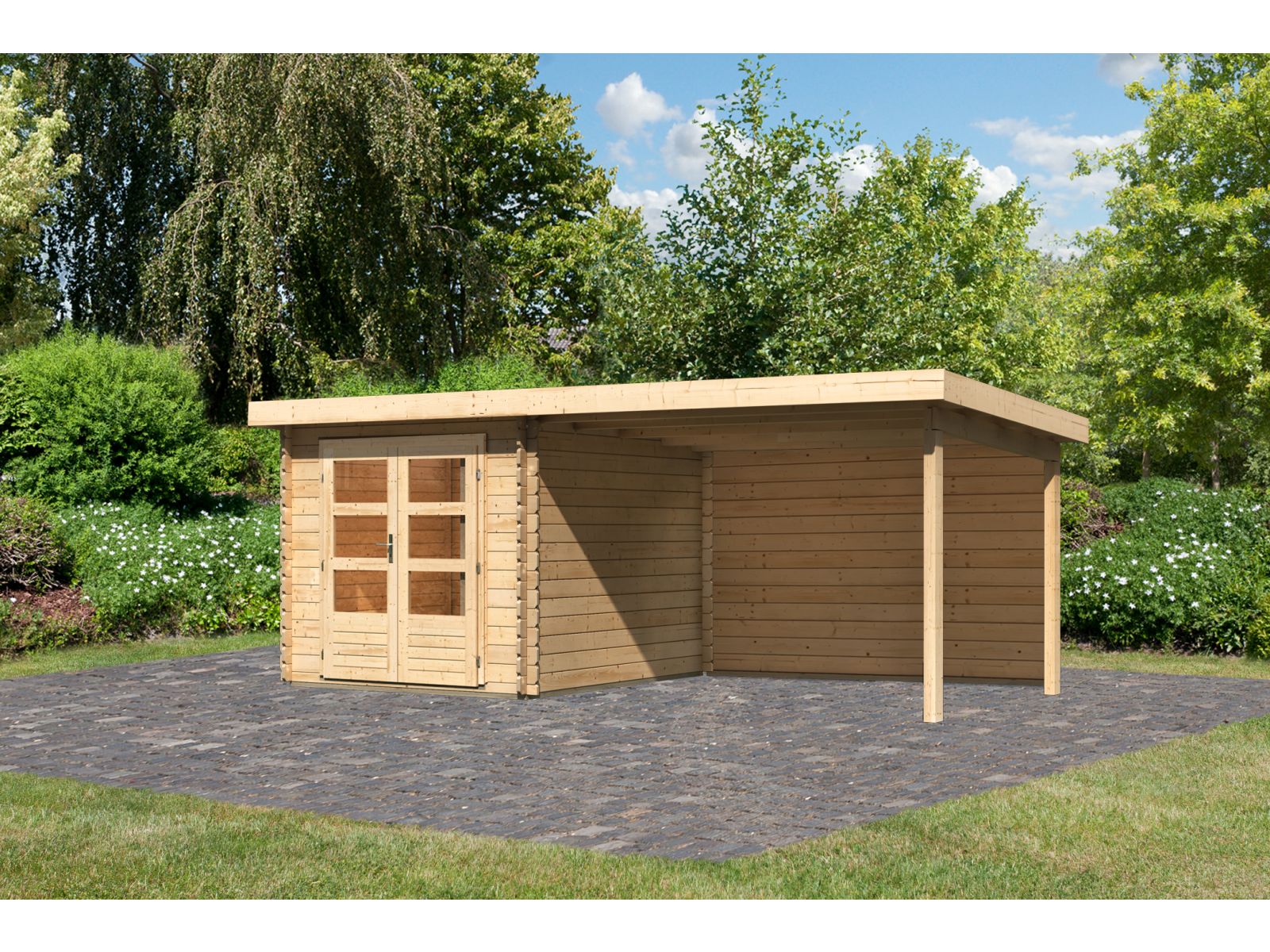 Karibu Gartenhaus Bastrup 4 mit Anbaudach 3 Meter inkl. Rückwand natur