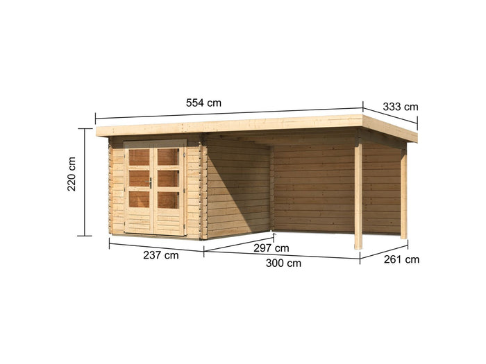 Karibu Gartenhaus Bastrup 4 mit Anbaudach 3 Meter inkl. Rückwand natur
