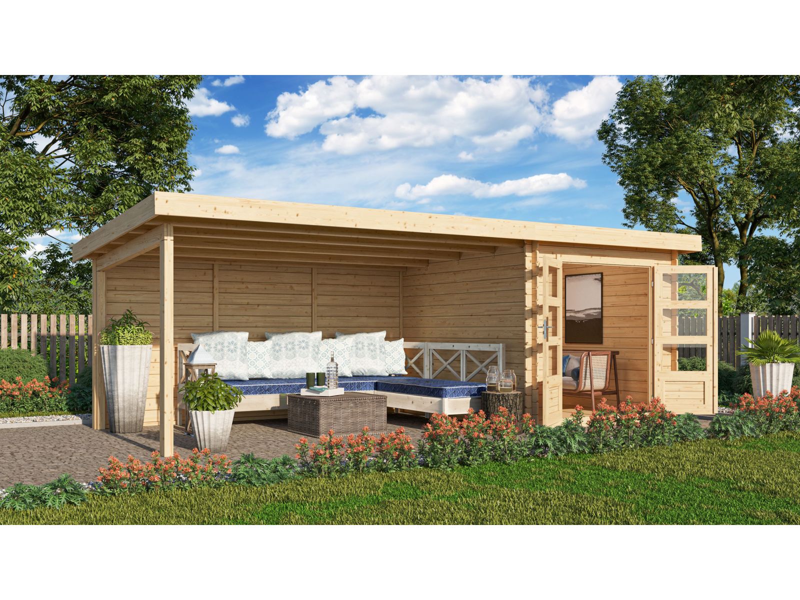 Karibu Gartenhaus Bastrup 4 mit Anbaudach 4 Meter inkl. Rückwand