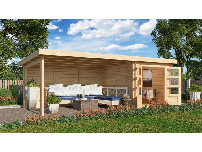 Karibu Gartenhaus Bastrup 4 mit Anbaudach 4 Meter inkl. Rückwand