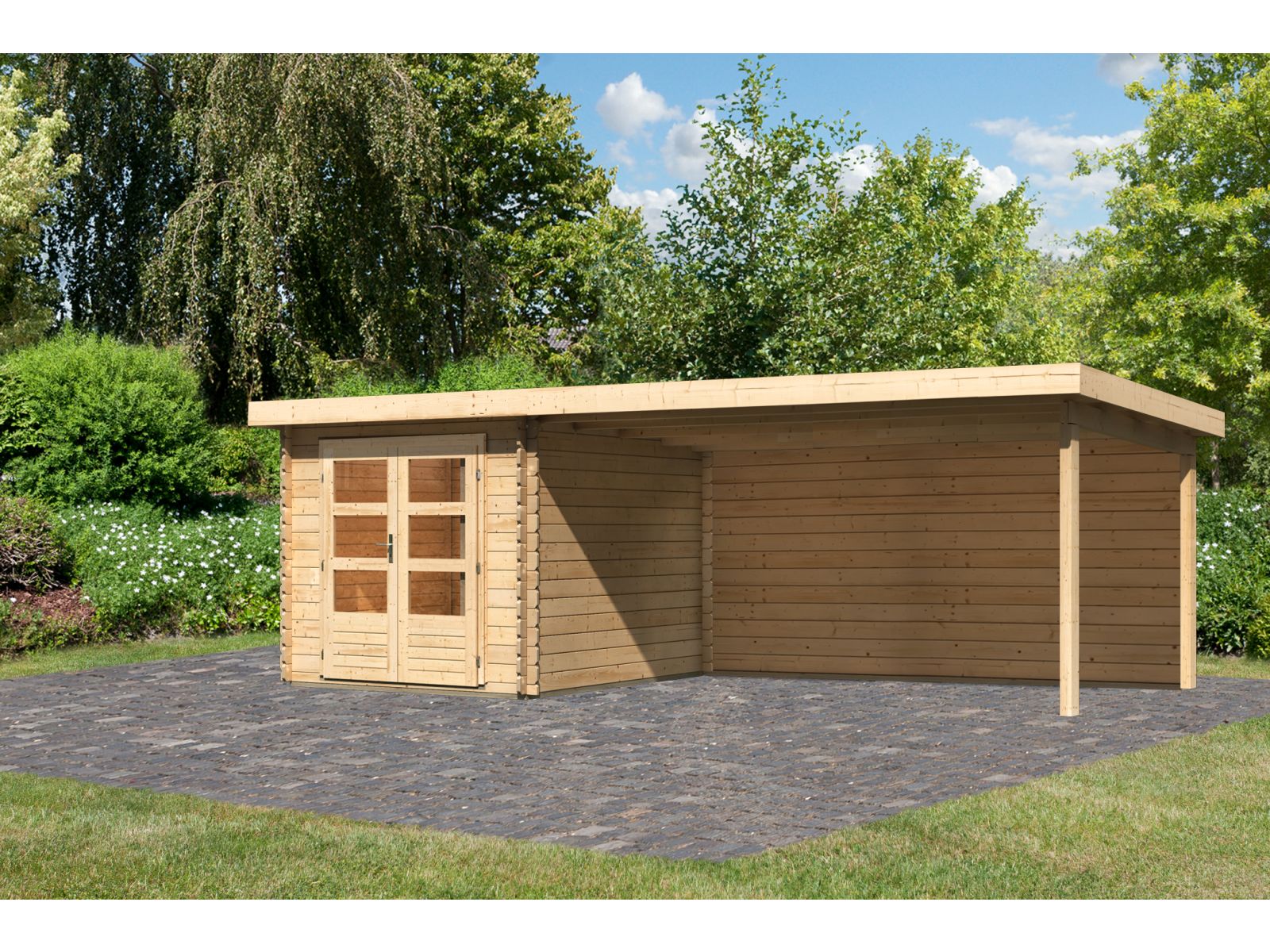 Karibu Gartenhaus Bastrup 4 mit Anbaudach 4 Meter inkl. Rückwand