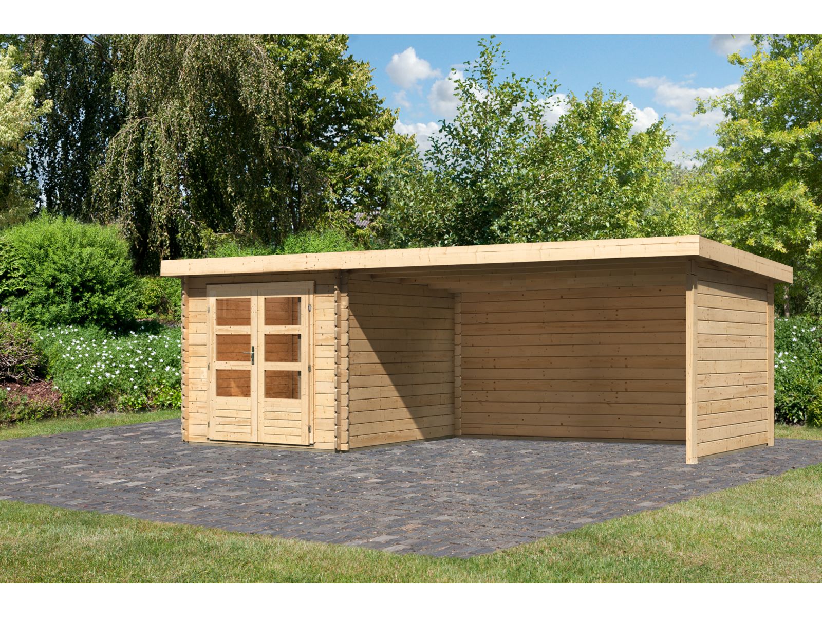 Karibu Gartenhaus Bastrup 4 mit Anbaudach 4 Meter inkl. Rück- und Seitenwand