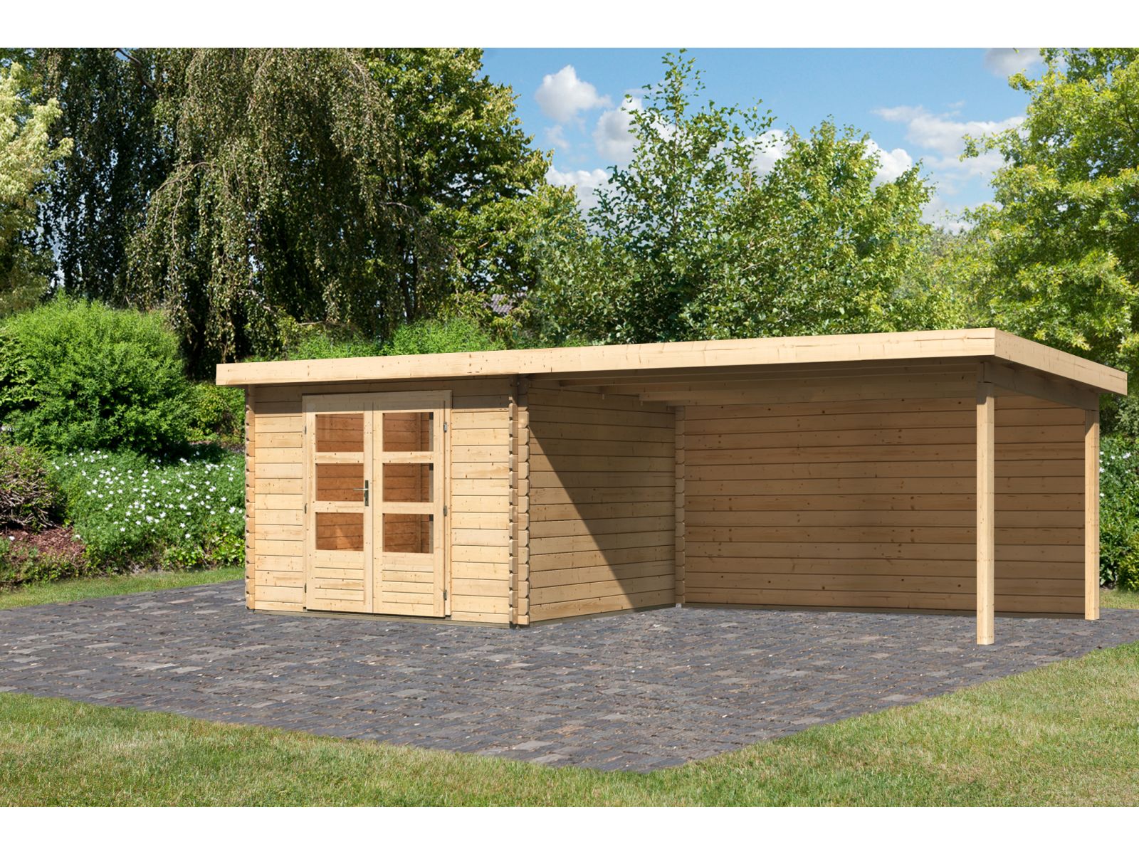 Karibu Gartenhaus Bastrup 5 mit Anbaudach 4 Meter inkl. Rückwand