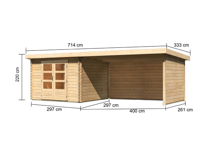 Karibu Gartenhaus Bastrup 5 mit Anbaudach 4 Meter inkl. Rück- und Seitenwand
