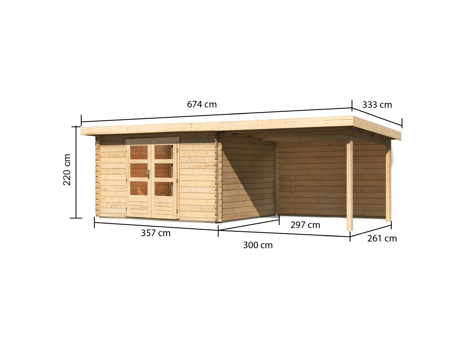 Karibu Gartenhaus Bastrup 7 mit Anbaudach 3 Meter inkl. Rückwand natur