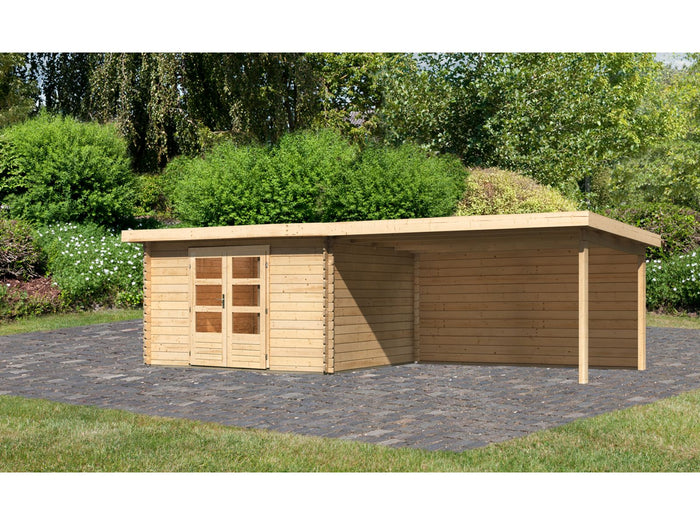 Karibu Gartenhaus Bastrup 7 mit Anbaudach 4 Meter inkl. Rückwand