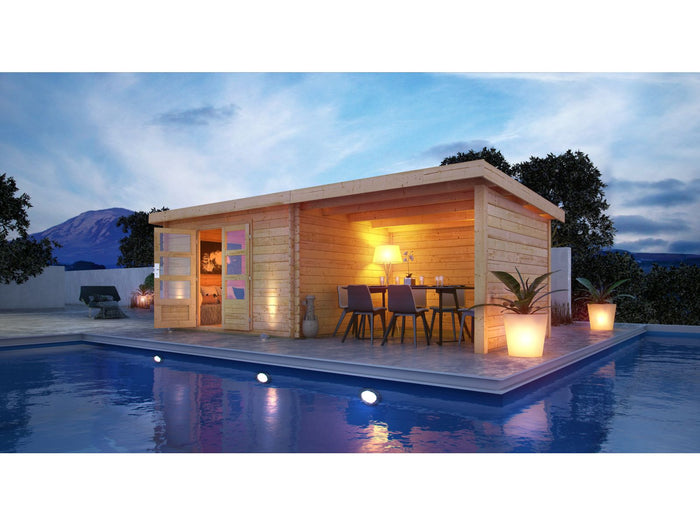 Karibu Gartenhaus Bastrup 7 mit Anbaudach 4 Meter inkl. Rück- und Seitenwand