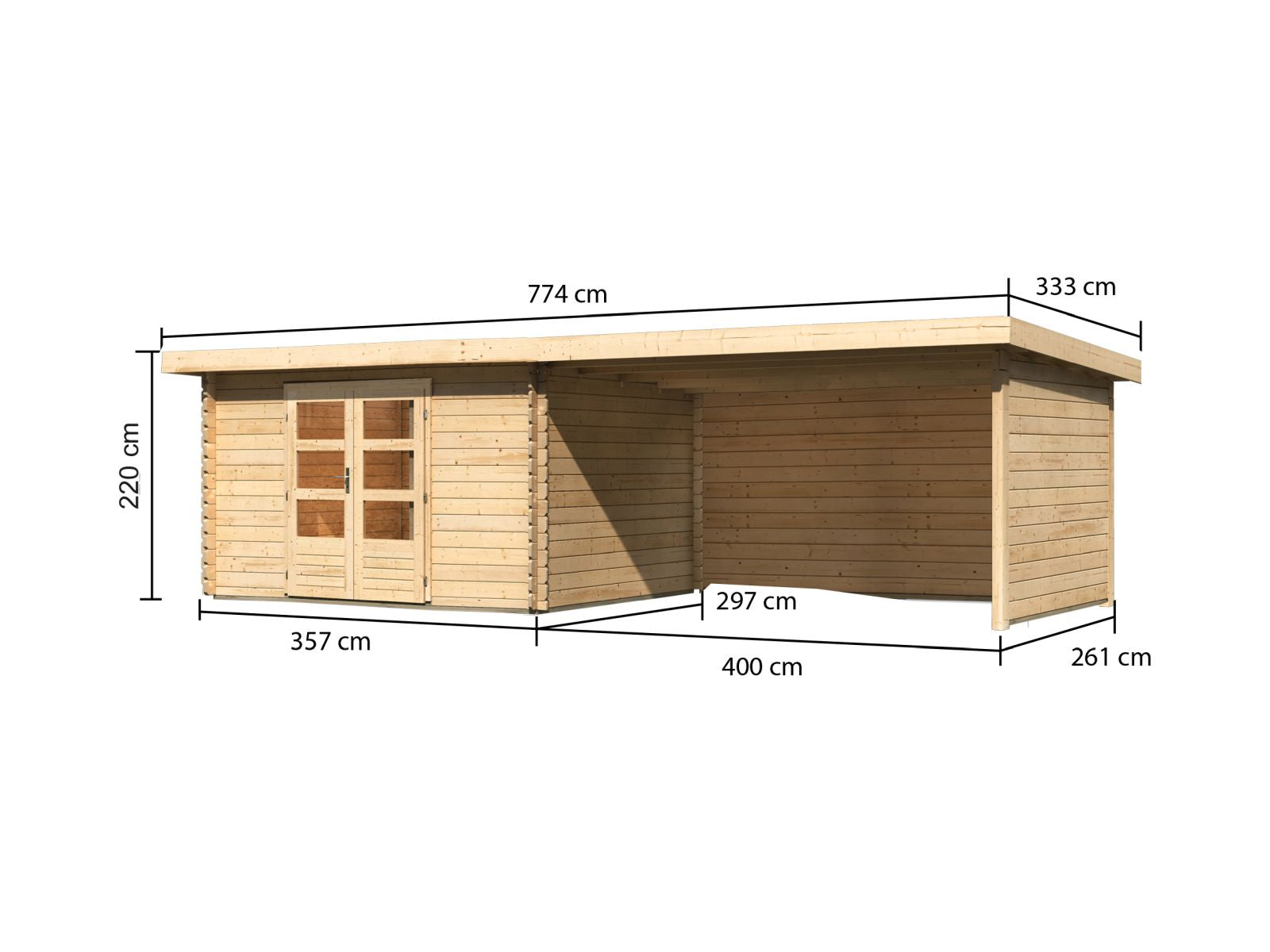 Karibu Gartenhaus Bastrup 7 mit Anbaudach 4 Meter inkl. Rück- und Seitenwand