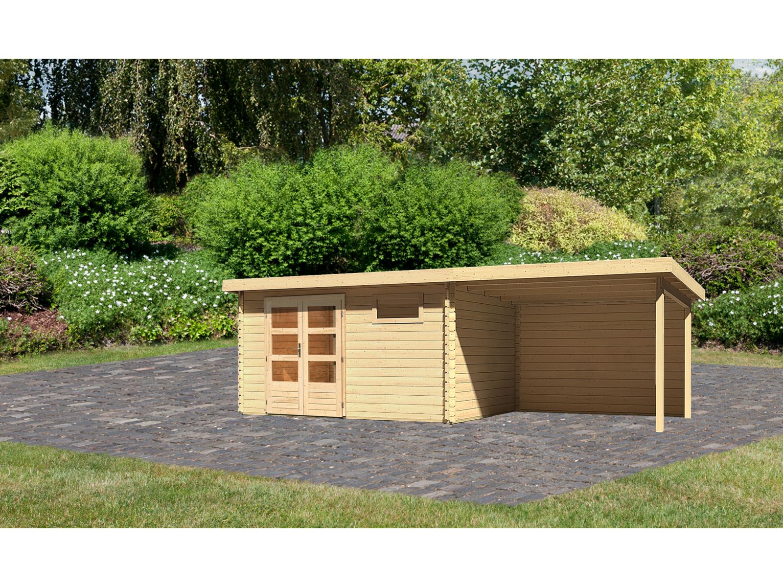 Karibu Gartenhaus Bastrup 8 mit Anbaudach 3 Meter inkl. Rückwand natur