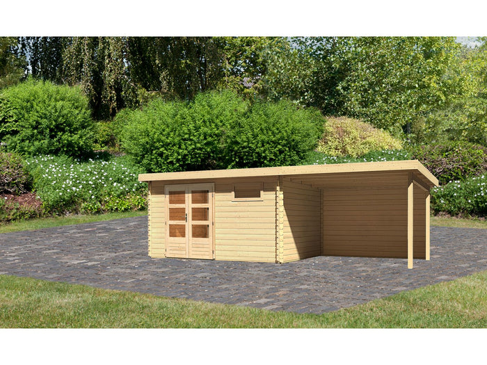 Karibu Gartenhaus Bastrup 8 mit Anbaudach 3 Meter inkl. Rückwand natur