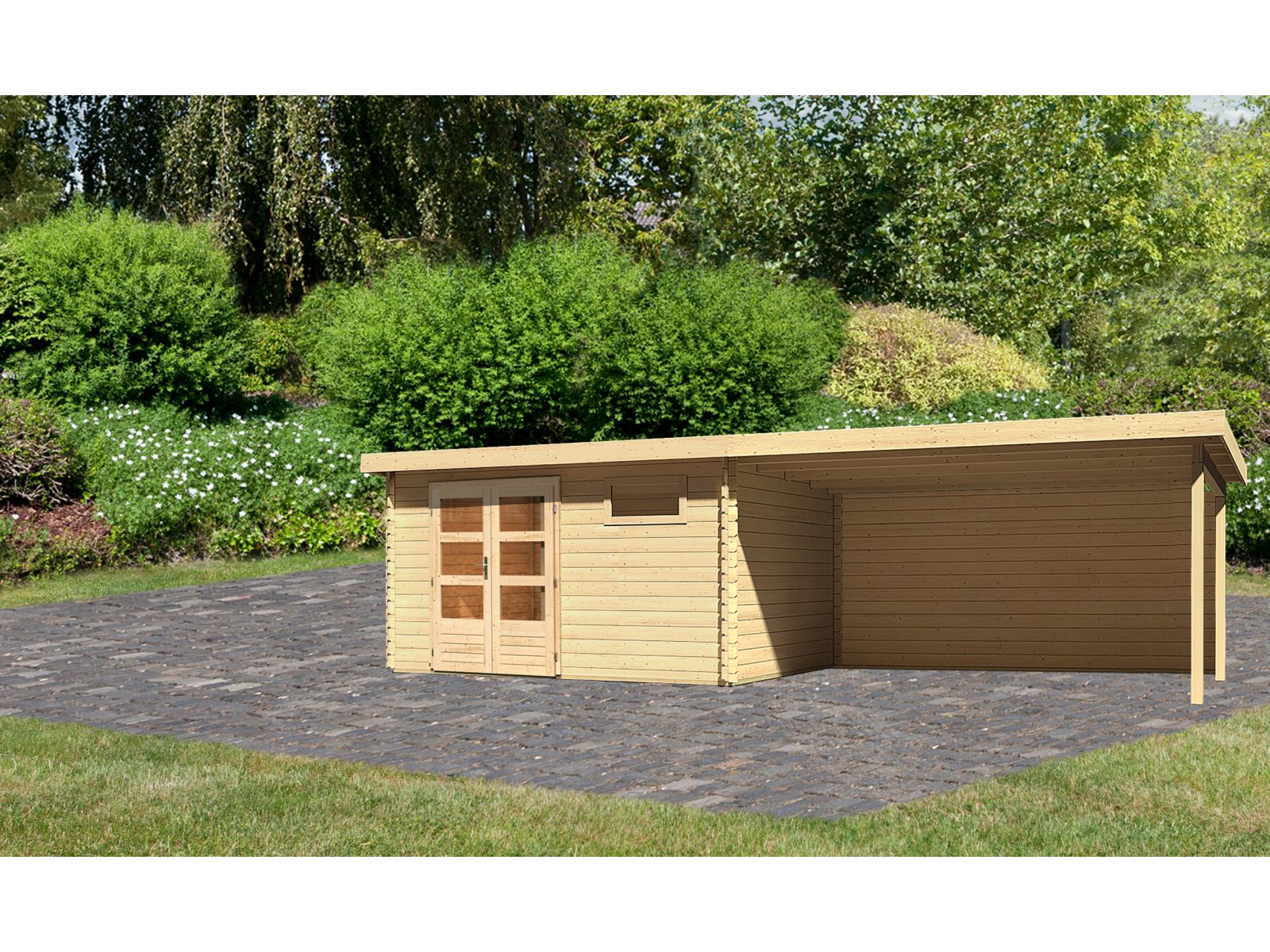 Karibu Gartenhaus Bastrup 8 mit Anbaudach 4 Meter inkl. Rückwand