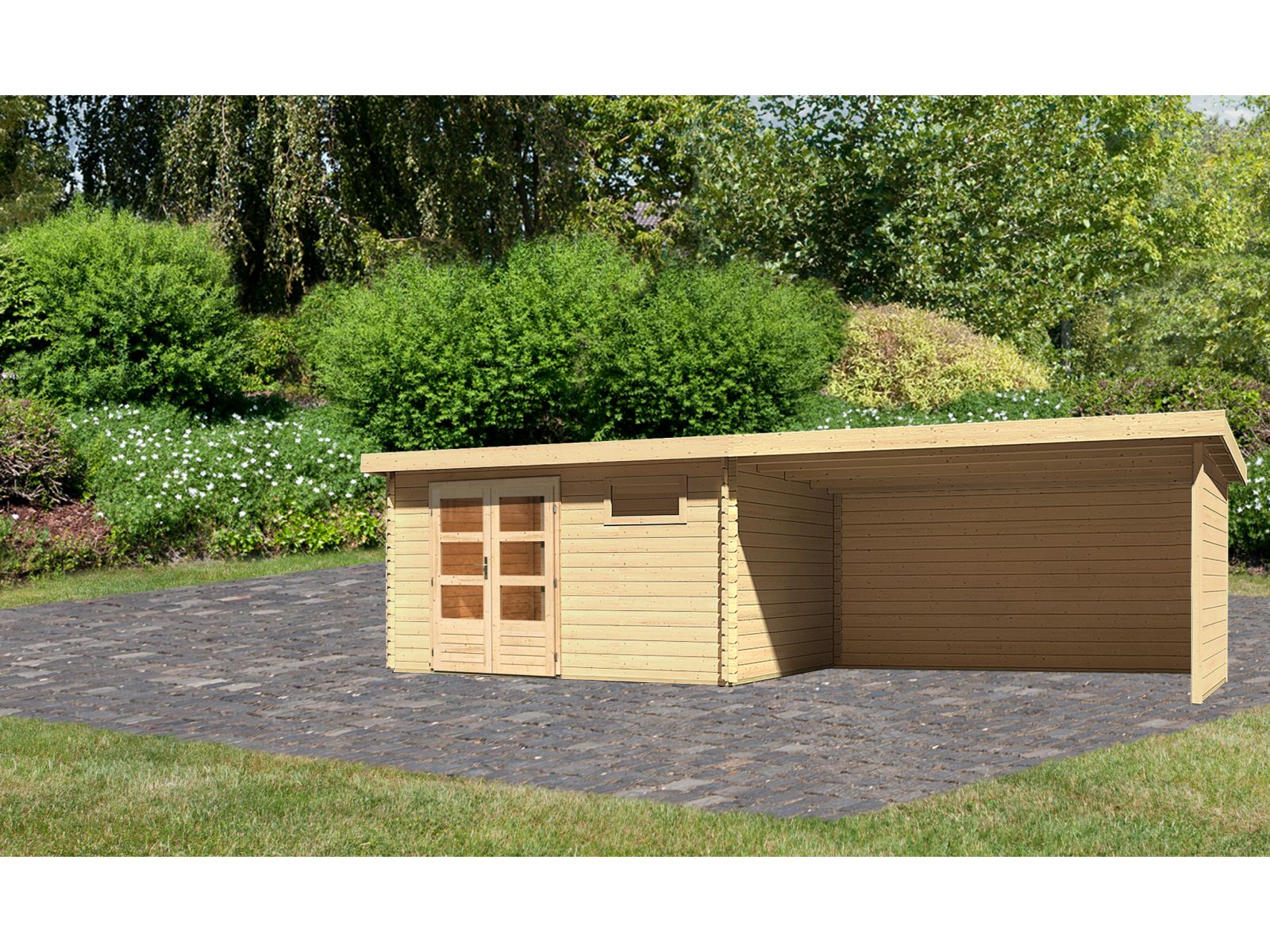 Karibu Gartenhaus Bastrup 8 mit Anbaudach 4 Meter inkl. Rück- und Seitenwand