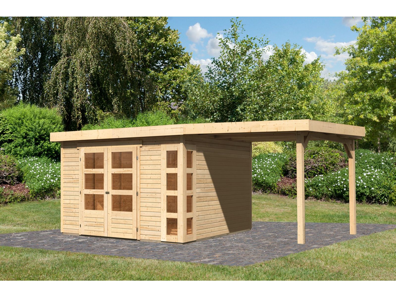 Karibu Gartenhaus Kerko 6 mit 2,40 m Anbaudach, 19 mm, natur