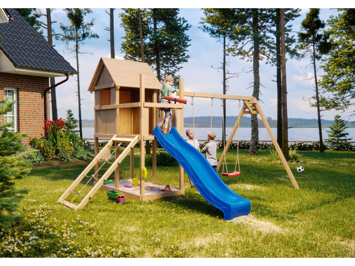 Karibu Stelzenhaus Frieda + Rutsche blau + Doppelschaukel + Netzrampe
