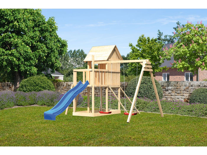 Karibu Stelzenhaus Frieda + Rutsche blau + Doppelschaukel + Netzrampe