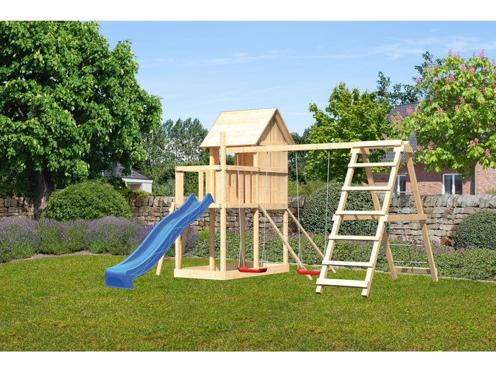 Karibu Stelzenhaus Frieda + Rutsche blau + Doppelschaukel mit Klettergerüst + Netzrampe