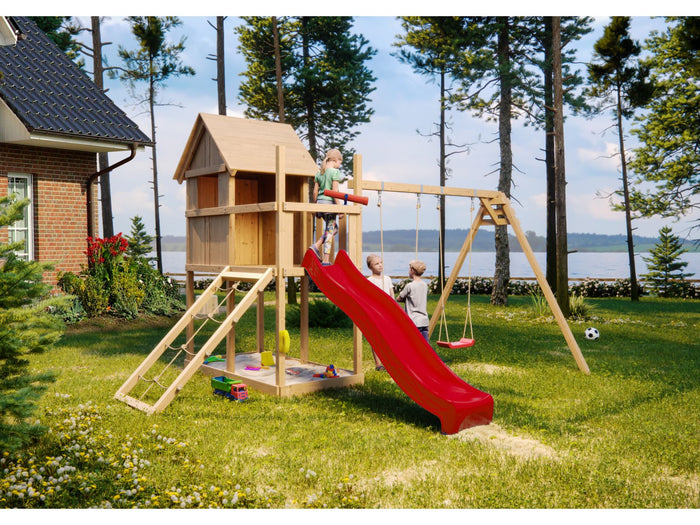 Karibu Stelzenhaus Frieda + Rutsche rot + Doppelschaukel + Netzrampe