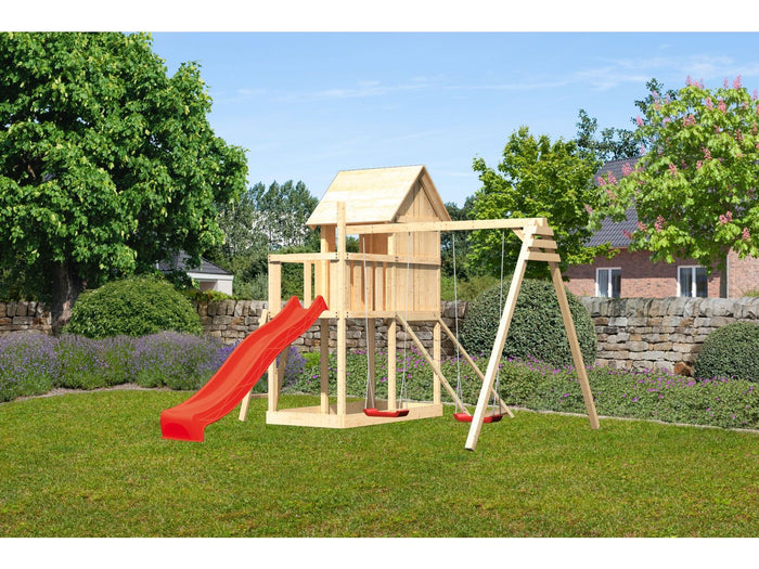 Karibu Stelzenhaus Frieda + Rutsche rot + Doppelschaukel + Netzrampe