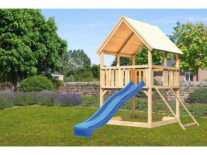 Karibu Spielturm Luis Satteldach + Rutsche blau + Netzrampe