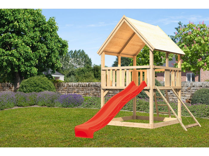 Karibu Spielturm Luis Satteldach + Rutsche rot + Netzrampe