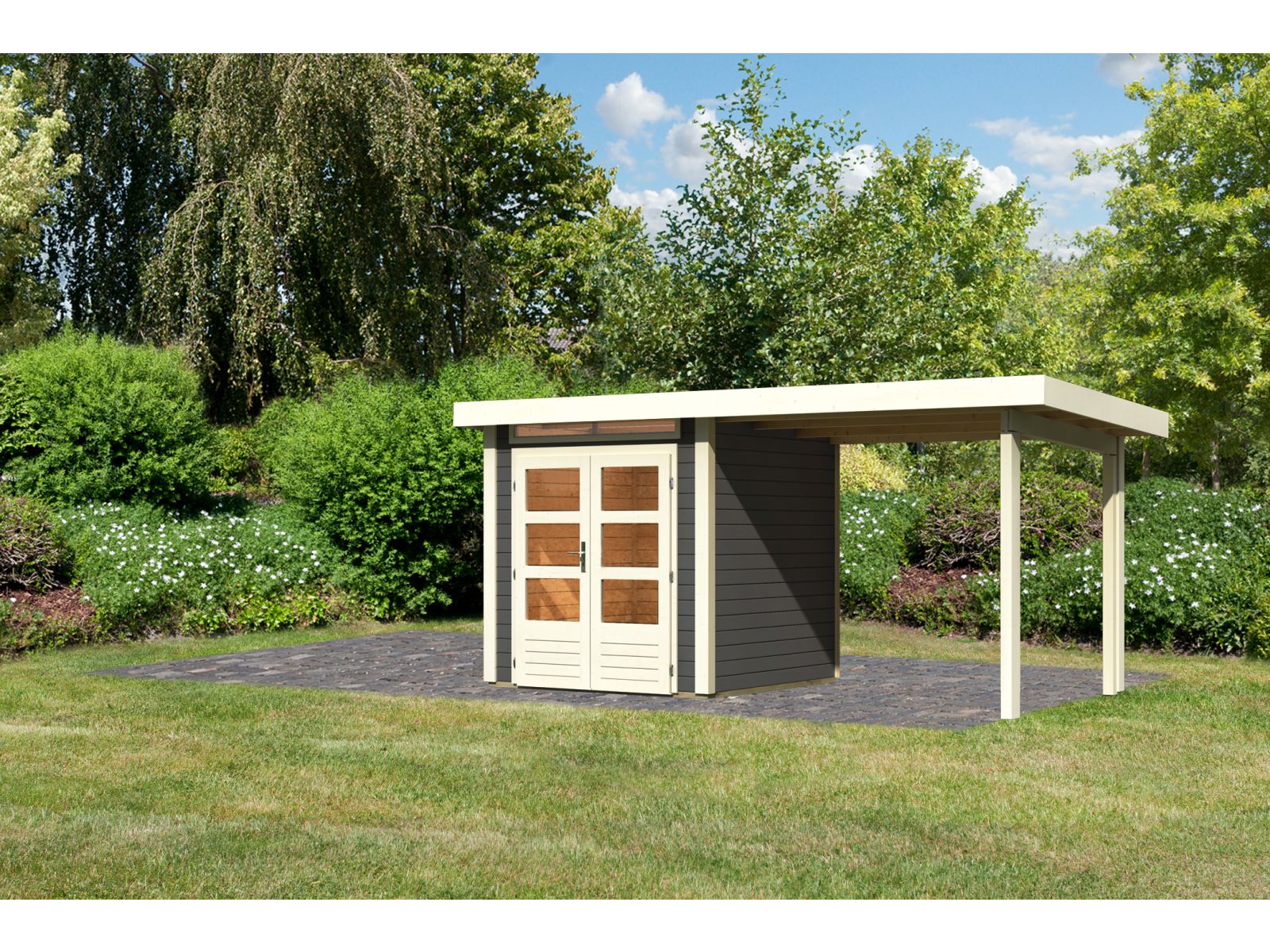 Karibu Gartenhaus Kandern 1 mit Anbaudach 2,35 m, terragrau