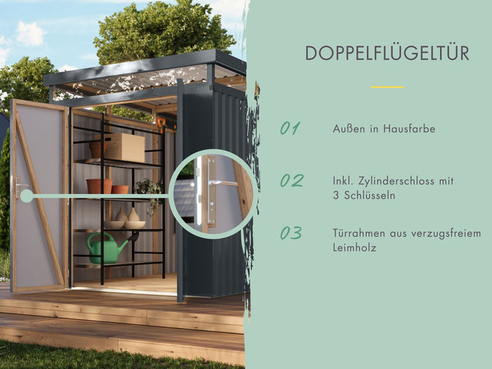 Karibu Metallgerätehaus Iridium 2,5 in Anthrazit, inkl. Anbaudach 2m