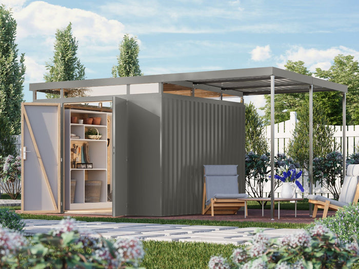 Karibu Metallhaus Aurum 3,5 in Graualuminium, inkl. Anbaudach 2 m