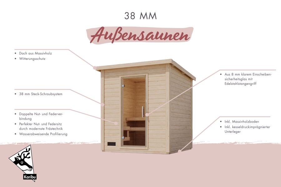 Karibu Saunahaus Caapi 3, terragrau, inkl. 9 kW Ofen finnisch ext. Steuerung - mit Klarglastür und Fußboden