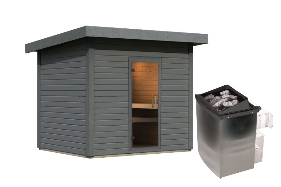 Karibu Saunahaus Caapi 4, terragrau, inkl. 9 kW Ofen integr. Steuerung, mit Klarglastür und Fußboden
