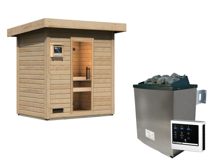 Karibu Saunahaus Caapi 2, inkl. 9 kW Ofen finnisch ext. Steuerung, mit Klarglastür und Fußboden