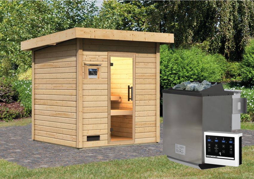 Karibu Saunahaus Caapi 3, inkl. 9 kW Bioofen ext. Steuerung - mit Klarglastür und Fußboden