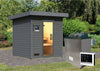 Karibu Saunahaus Caapi 3, terragrau, inkl. 9 kW Ofen finnisch ext. Steuerung - mit Klarglastür und Fußboden