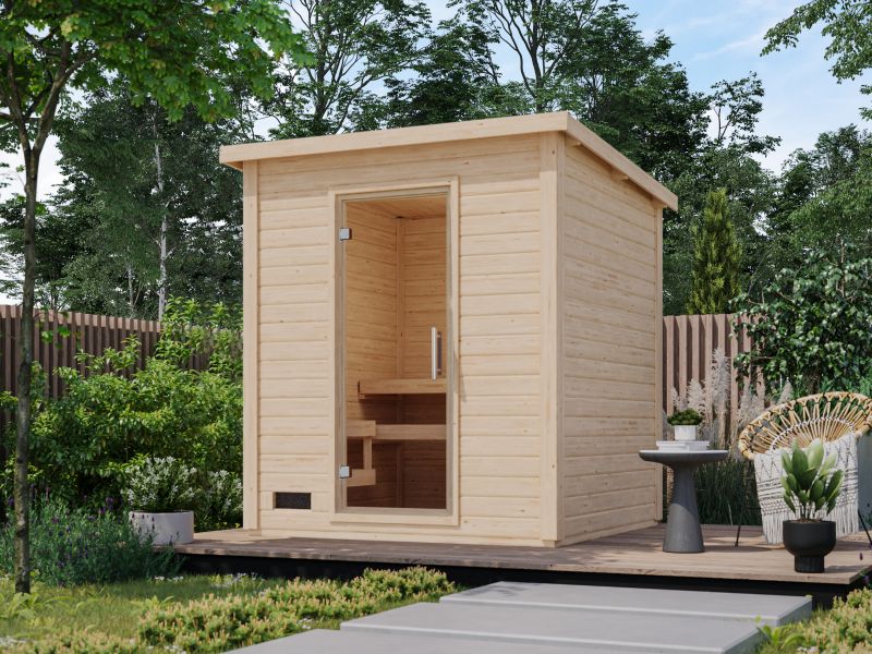 Karibu Saunahaus Caapi 3, inkl. 9 kW Ofen finnisch ext. Steuerung - mit Klarglastür und Fußboden