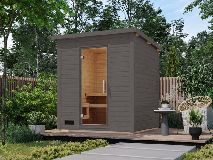 Karibu Saunahaus Caapi 3, terragrau, inkl. 9 kW Ofen finnisch ext. Steuerung - mit Klarglastür und Fußboden