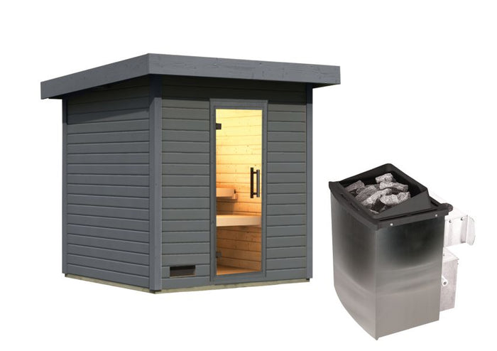 Karibu Saunahaus Caapi 3, terragrau, inkl. 9 kW Ofen integr. Steuerung - mit Klarglastür und Fußboden