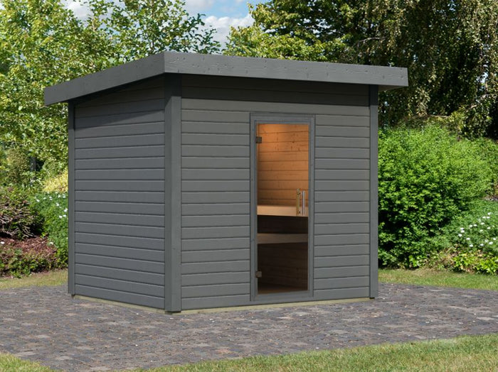 Karibu Saunahaus Caapi 4, terragrau, ohne Ofen, inkl. Klarglastür und Fußboden